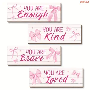 4 Piece Wooden Decorative Plaques, Bow Design, Inspirational Quotes Wall Art, Suitable for Bedroom Living Room Office Decoration, Home Decor Products