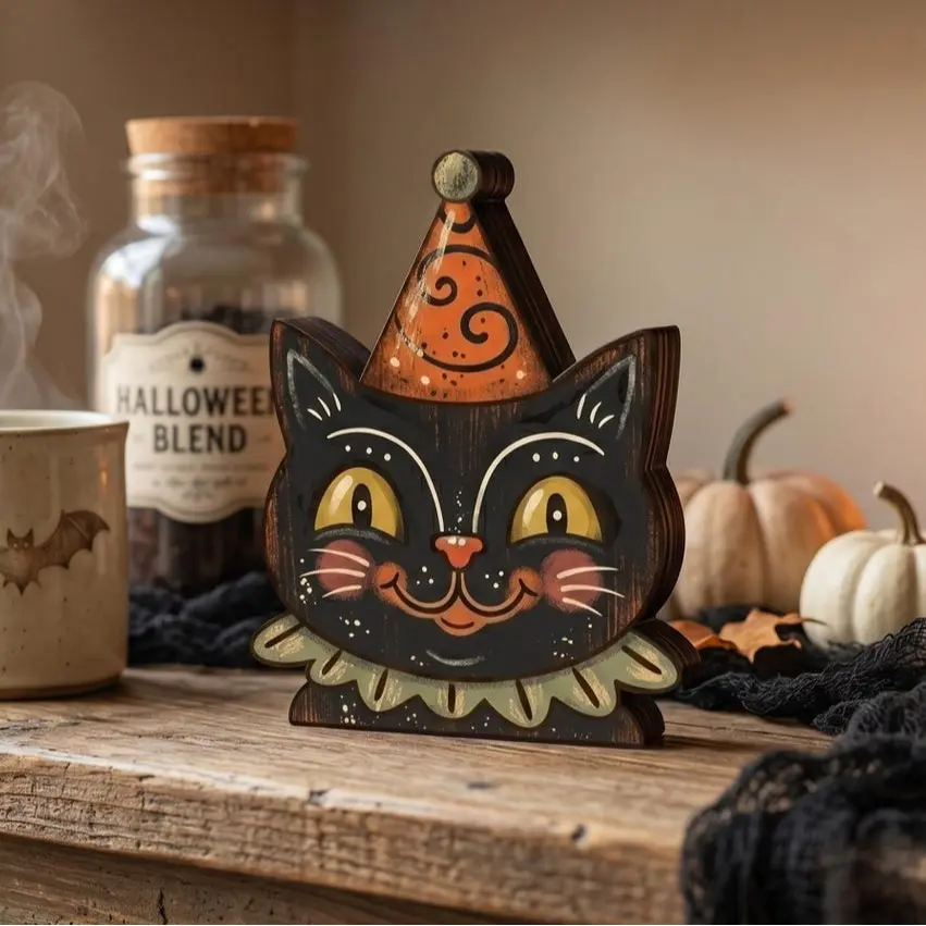 Vintage Halloween Decor Indoor, Retro Wooden Block for Shelf Decor, Cute Ghost, Pumpkin, Black Cat, Skeleton, Witch Owl, Housewarming Gift
