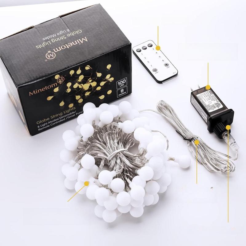 Globe String Lights, 33 Feet 100 Led Fairy Lights Plug in, 8 Modes with Remote Mini Globe Lights for Indoor Outdoor Bedroom Party Wedding Garden Christmas Tree Decor, Warm White