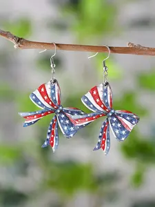 1 Pair Vintage American Independence Day Earrings, Red White Blue Star & Bow Pendant Earrings, Wooden Double-Sided July 4th National Day Earrings, Patriotic Gift For Women