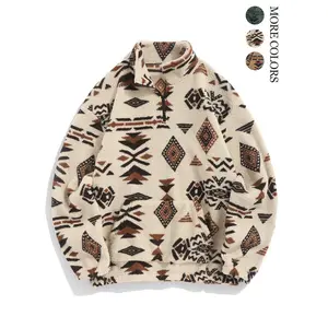 ZAFUL Mens Sweatshirt Vintage Quarter Zip Pullover with Pocket Fleece Unisex Western Aztec Faux Fur Sherpa Top Casual Fashion