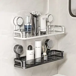 Easy Install Suction Cup Bathroom Shelf, No Drilling Required, Thick Plastic & Aluminum Alloy, Wall Mounted Shower Rack, Corner Storage, Bathroom Organizing Accessories