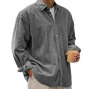 Men's Plain Corduroy Lapel Long-Sleeve Relaxed Cut Loose Fit Casual Top & Cardigan - Polyester Fabric, Mens Clothing, Youth Trend Fall 2026