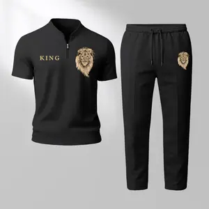 Men's King Print Waffle Knit 2-Piece Set, Zip Henley Collar Short Sleeve Top & Long Pants, Breathable Soft Loose Fit for Casual Everyday Wear