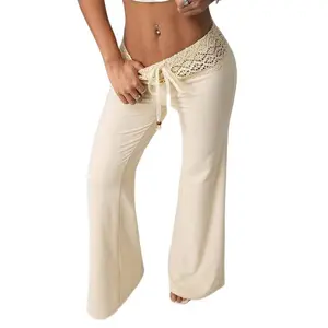 Women’s white knitted belt with beaded drawstring, straight loose casual vacation pants with buckle