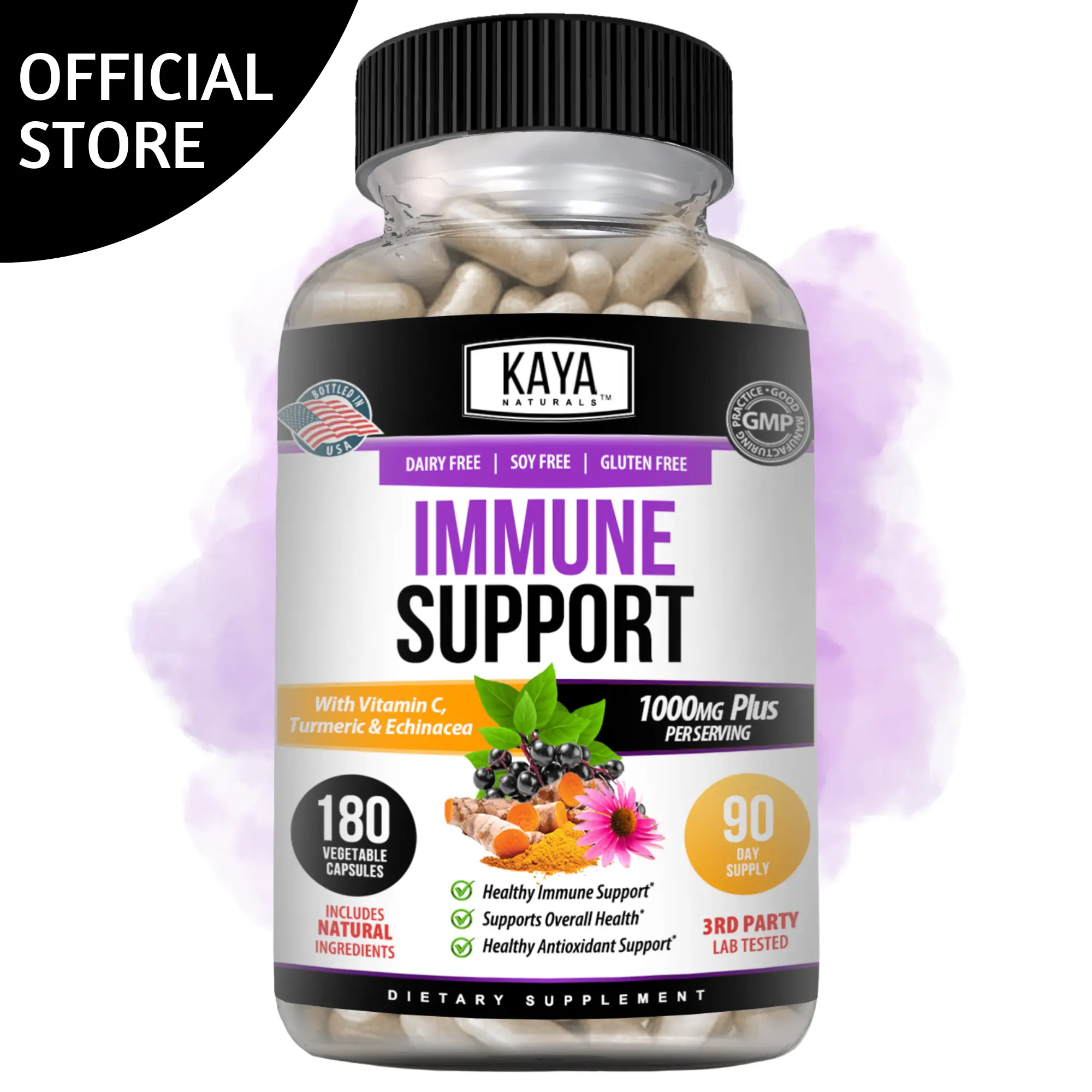 Kaya Naturals Immune Support | Elderberry with Zinc and Vitamin C for Adults, Elderberry Vitamins, Probiotics, Turmeric 100mg, Immune System Booster, Sambucus Elderberry Capsules - 180 Count Dietary Supplement