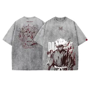 Menswear Round Neck Short-Sleeve T-Shirt, Vintage Washed Hell's Paradise Gabimaru Double-Sided Oversized Retro Distressed Anime Graphic Tee, 100% Cotton Casual Harajuku Streetwear Y2K Aesthetic Japanese Manga Print Figure Top for Men
