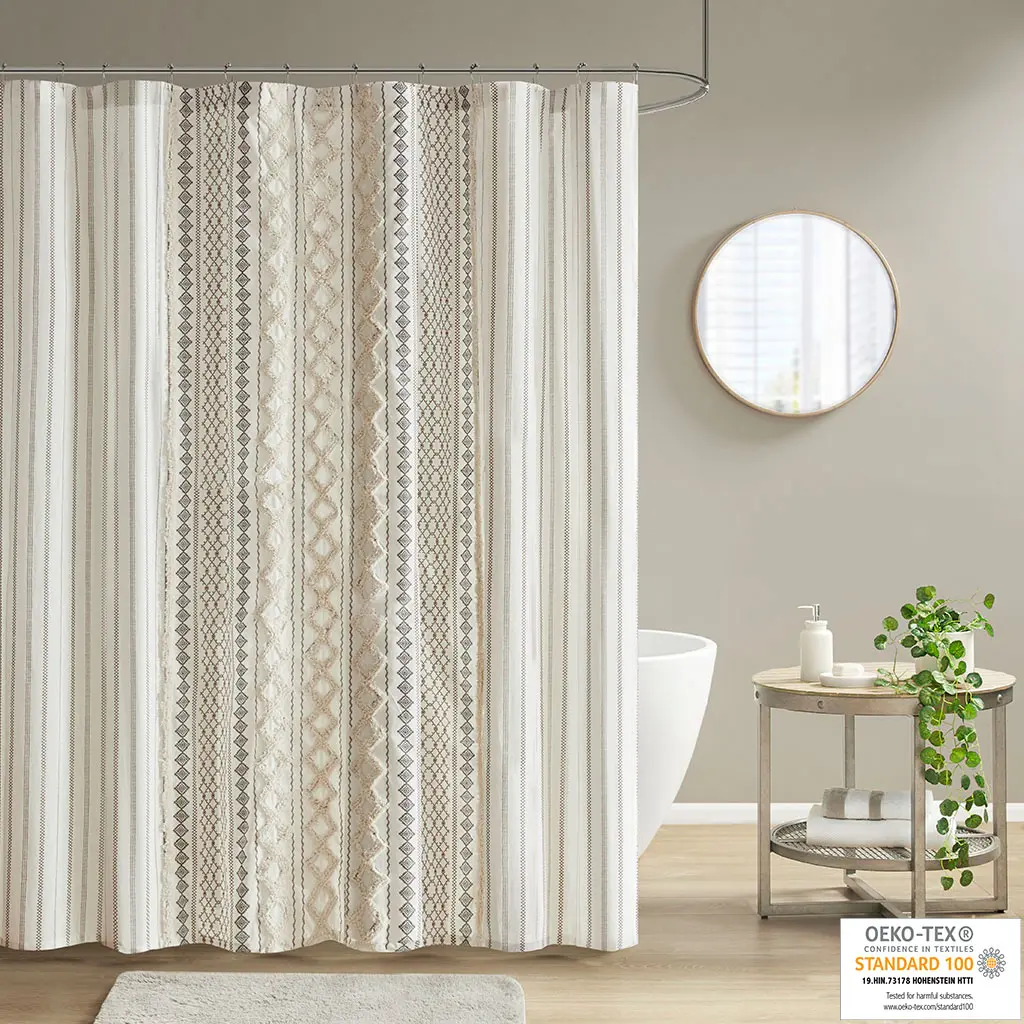 REGENCY HEIGHTS Imani Tufted 100% Cotton Chenille Shower Curtain with Chenille Stripe Trim & 12 Button Holes, Aztec Print Global Modern Bathroom Décor, 72x72 inches Bathtub Privacy Screen, Machine Washable, Hang Dry, Non-Toxic