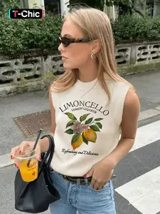 Women's Lemon Print Round Neck Sweater Vest, Casual Fitted Sleeveless Crew Neck Knit Top for Daily Wear, Ladies Clothes for All Seasons, Sleeveless Graphic Vest, Womenswear, Chic Elegant Vest