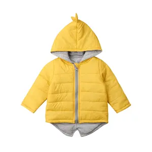 Baby Boys Girls Dinosaur Hooded Coat, Zipper Up Winter Thick Outwear, Solid Color Padded Jacket