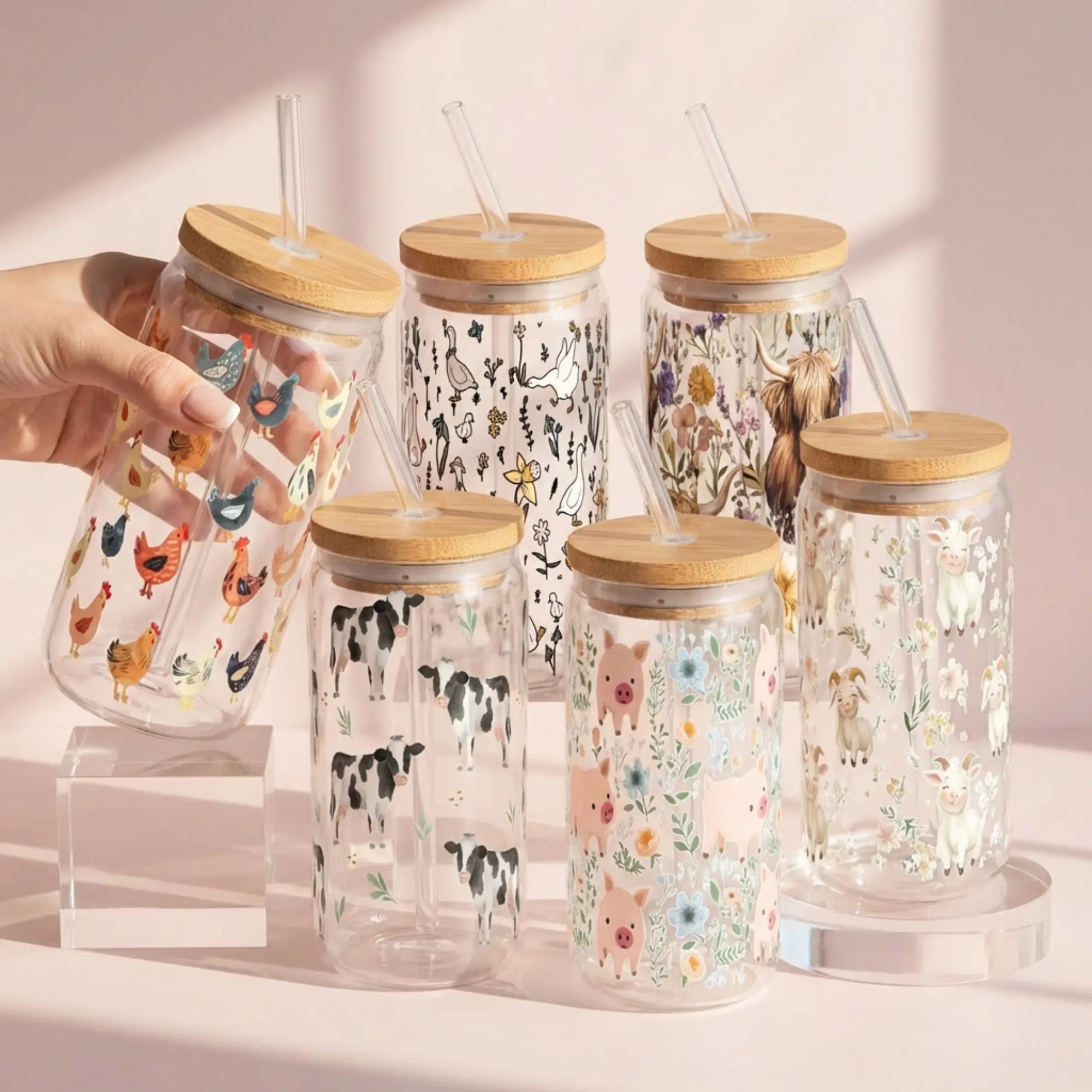 Farm Collection 2025 16oz Glass Can Cup with Lid and Straw, Iced Coffee Drinkware, Gift for Her, Acrylic Cup, water bottle for women, chicken gifts for women, Bamboo, Glossy, Mug, Bottles