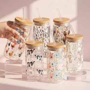 Farm Collection 2025 16oz Glass Can Cup with Lid and Straw, Iced Coffee Drinkware, Gift for Her, Acrylic Cup, water bottle for women, chicken gifts for women, Bamboo, Glossy, Mug, Bottles