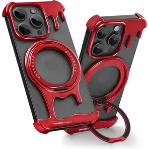 Oatsbase Liquid Metal Frameless Case for iPhone 15 Pro Max with MagSafe Kickstand 360° Rotatable Ring Holder Minimalist Aluminum Bumper Slim Hard Shockproof Ultra Thin Protective Casing Red
