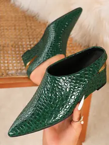 Women's Crocodile Pattern Pointed Toe Wedge Sandals, Slip On Mules, Fashion Vintage Stone Texture High Heels, Casual Commuter Streetwear Shoes