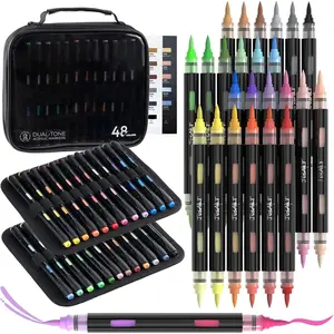 Brush Markers, 48 Colors Brush Tip  Marker Set, 24 Dual-Tip Water Based No Bleed Markers with Automatic Ink Control for , Rock, Fabric, Canvas, Glass, Eggs & DIY Crafts