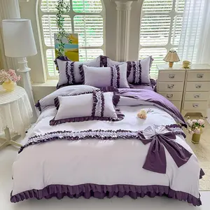 3Pcs Premium Soft Breathable fabric Ruffle Bow Duvet Cover Sets, 1 Duvet Cover + 2 Pillowcases, Single/Double/Queen Size, Machine Washable, No Filler