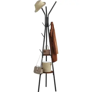 Coat Rack, Coat Hanger Stand with 2 Shelves, Freestanding Hall Tree, Metal Hat Hanger with 12 Hooks for Clothes Hats and Scarves, Black and Rustic Brown,15.7" Wx15.7 Dx72.8H