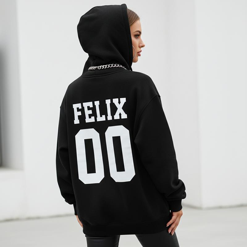 Women's Felix 00 SKZ Hoodie Graphic Hoodie - Cotton Blend Black Long Sleeve Pullover Regular Fit | Soft & Breathable Fabric, Durable Print, Everyday Comfort, Machine Washable, casual sportswear daily wear