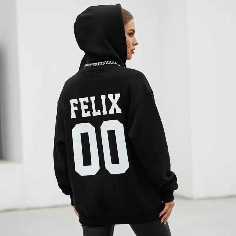 Women's Felix 00 SKZ Hoodie Graphic Hoodie - Cotton Blend Black Long Sleeve Pullover Regular Fit | Soft & Breathable Fabric, Durable Print, Everyday Comfort, Machine Washable, casual sportswear daily wear