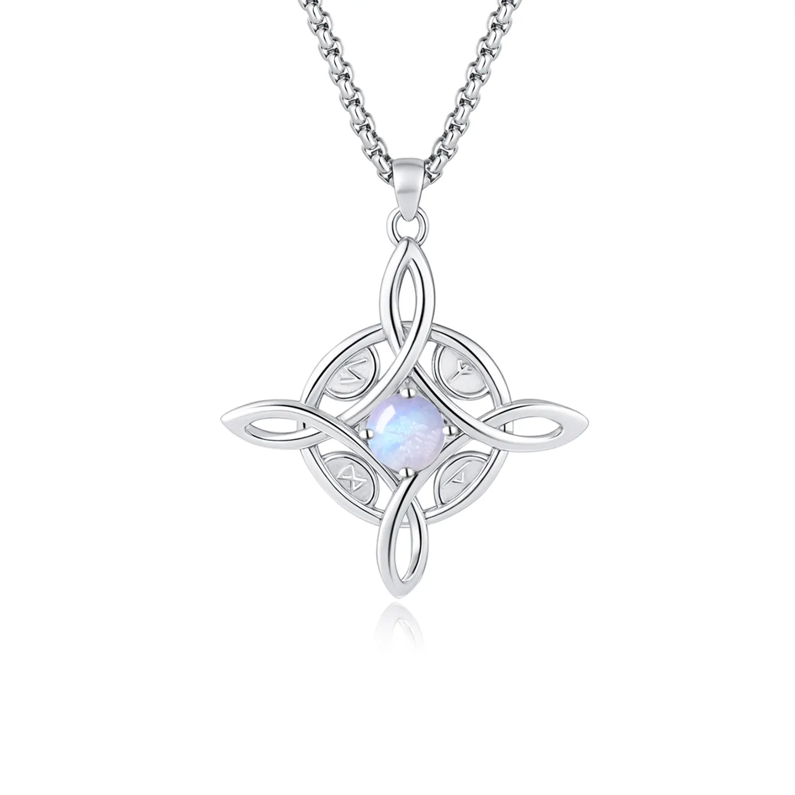 IXLUCK Witch's Knot Spiritual Defense Necklace for Women, Silver Plated Viking Amulet with Natural Moonstone Runes and Blue Adularescence, Lunar Magic, Copper, Hypoallergenic, Shadow Work, Rituals, Witchy Jewelry, Adjustable Length, Retro Look, Daily Wear