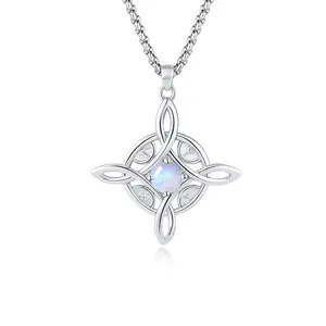 IXLUCK Natural Moonstone Witches Knot Necklace for Women Viking Runes Formula Jewelry