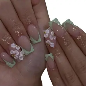 Square Press on Nails, Medium Fake Nails, Light Green 3D Floral French Tip Design, 24 Pcs Reusable Glue on Nails for Women, Salon Quality