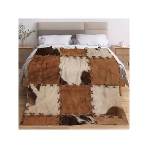 Cozy Vintage Cowhide Print Flannel Blanket - Soft Lightweight Bedspread With Rustic Brown & Beige Cowhide Edges, All-Season Couch Bed Camping Throw, Farmhouse Bedspread, Rustic Brown Beige
