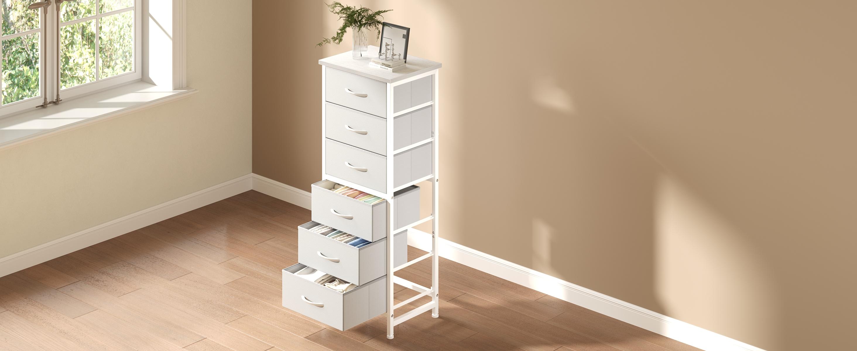 Tall Storage Dresser with 6 Fabric Drawers, Metal Frame with Cross Support Rods, Anti-Tip, Wood Top for Bedrooms, Offices and Compact Spaces