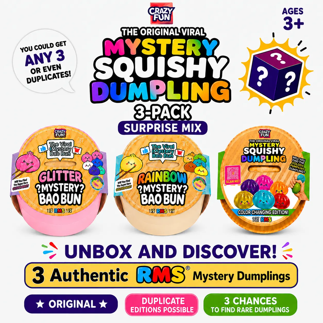 Authentic RMS Mystery Squishy Dumpling Surprise Mix 3-Pack – Original CRAZY FUN RMS Mystery Squishy Dumpling Fidget Toys in Sealed Steamer Baskets, Random RMS CRAZY FUN Editions, Duplicates Possible, Rare Dumplings possible, Ages 3+