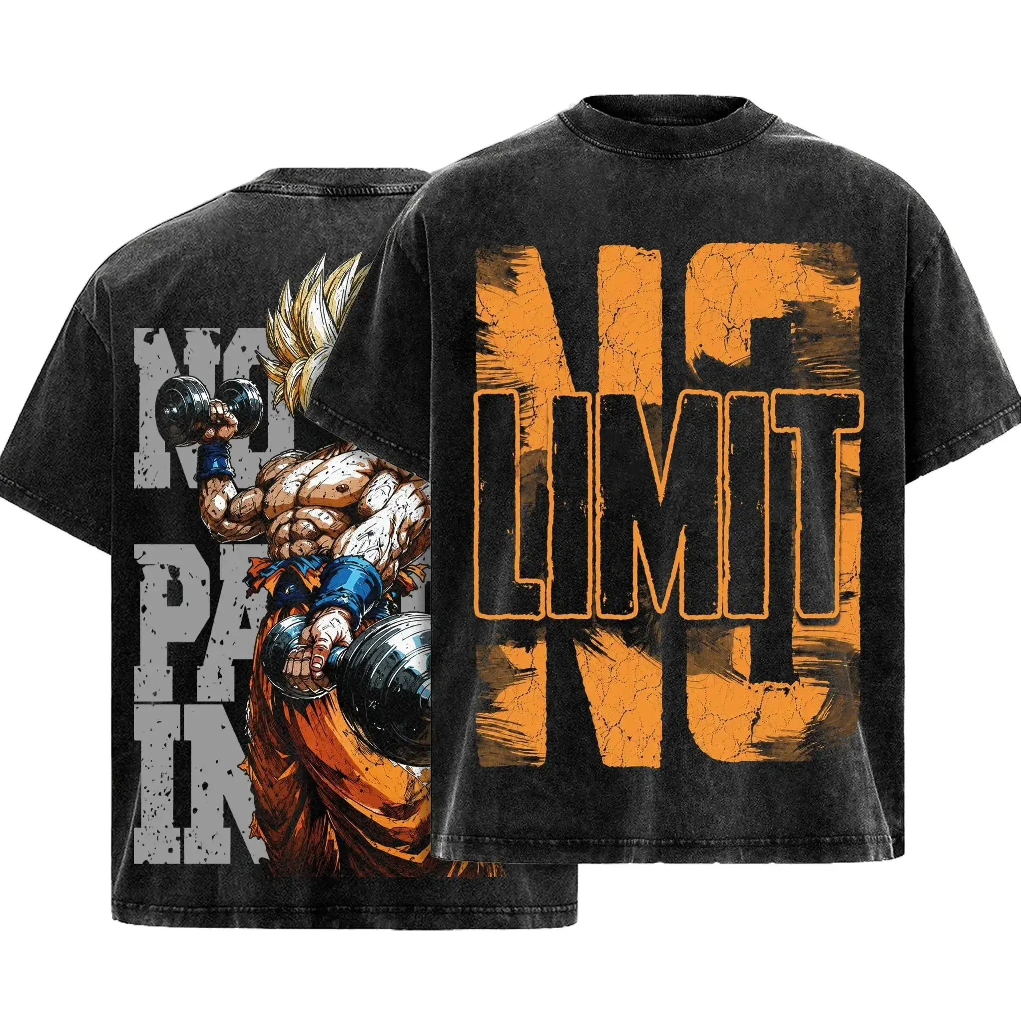Vintage Washed Goku Graphic Tee Heavyweight Cotton Oversized Gym Pump Cover Super Saiyan Bodybuilding Workout Shirt Anime Streetwear Men Women Retro Acid Wash DBZ Fitness Apparel Otaku Gift Y2K No Limit Top Japanese Manga Cosplay Merch Activewear Gear