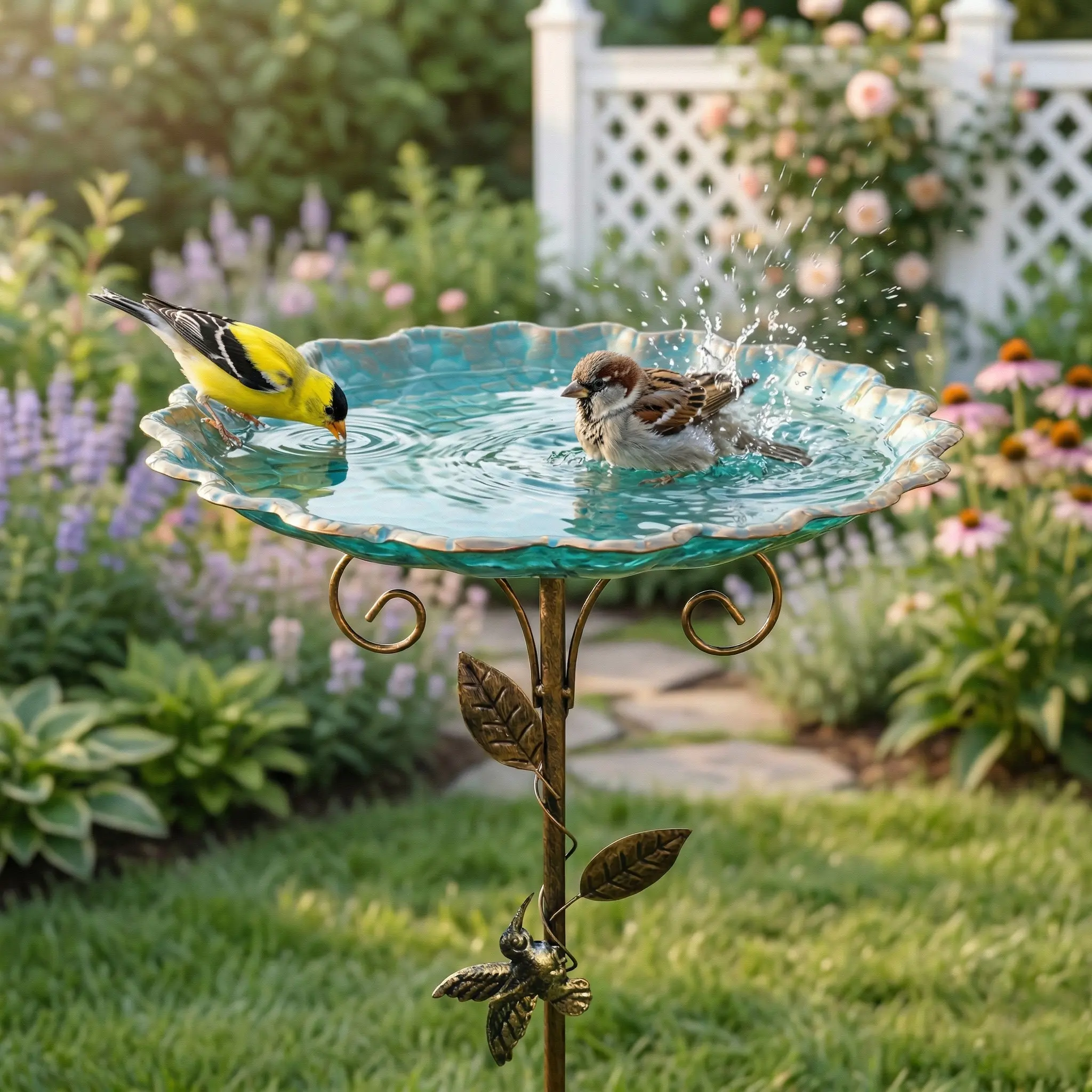 Stylish Turquoise Bird Bath/Feeder– Premium Stone Textured Design with Gold Hummingbird, Ideal Garden Decor & Thoughtful Holiday Gift