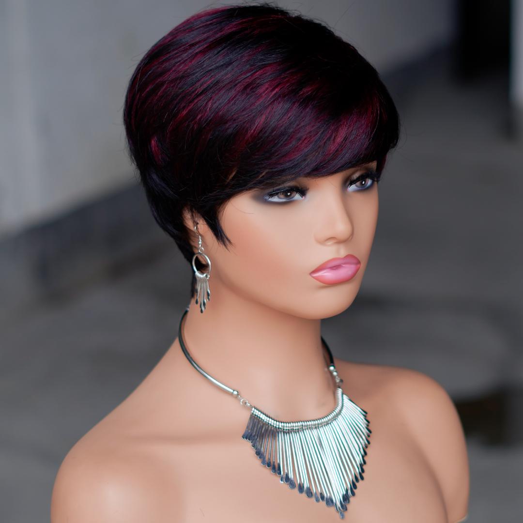 "Glueless Short Pixie Cut Wig With Bangs 180% Density Brazilian Virgin Human Hair P1B/99J 6 Inch Layered Natural Look Full Machine Made Wig Caps For Daily Party & Salon Use "	