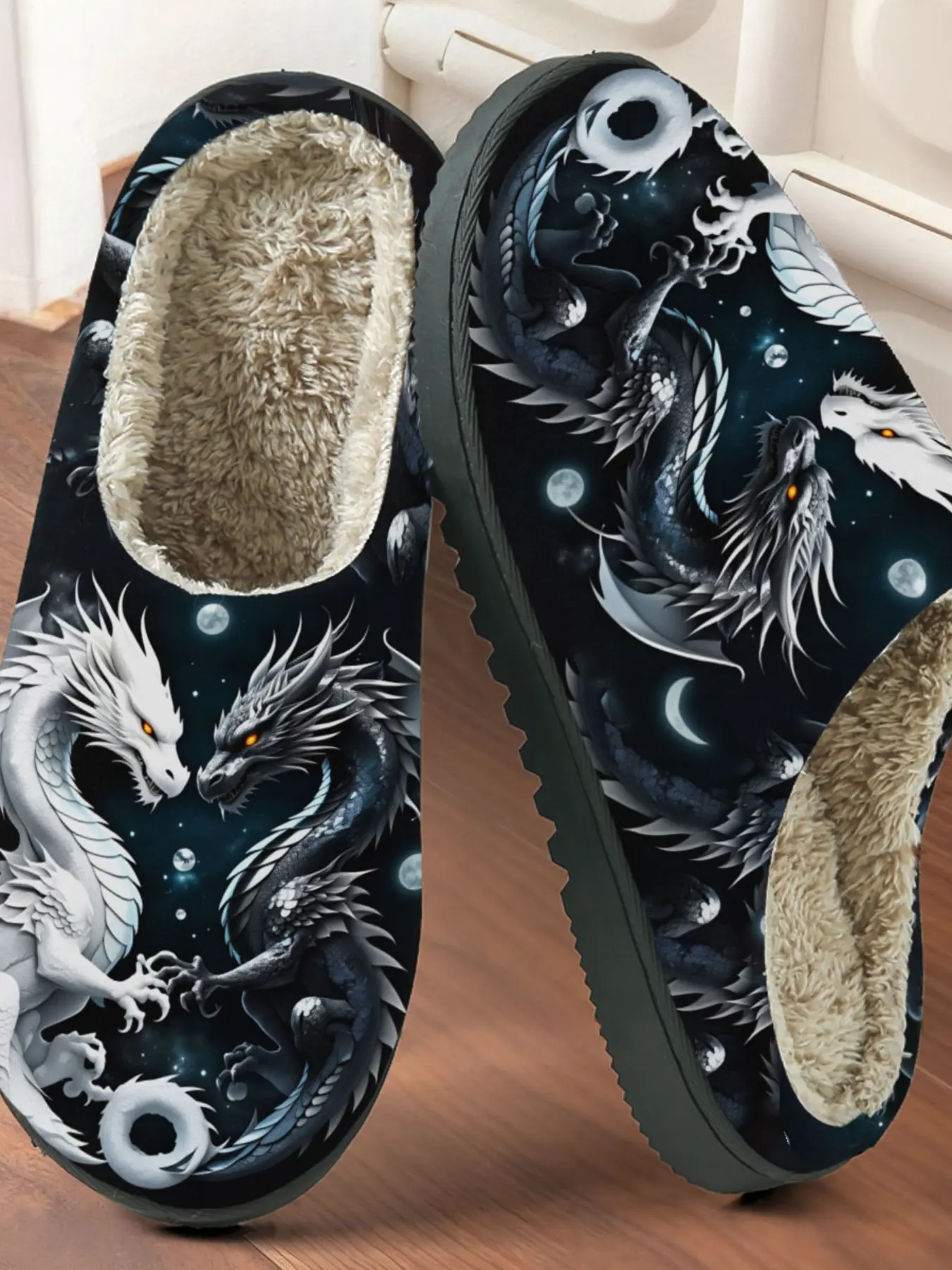Night Sky Dragon Printed Cotton Slippers, Epic Fantasy Style, Fuzzy Lined Anti-Slip Thick Sole, Home Use Men Women Fall Winter Warm Shoes