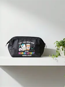 Large-capacity medical storage bag with zipper, featuring a stethoscope, syringe, nurse's cap, and a printed design with the words "Nurse Supplies", waterproof cosmetic bag, portable travel cosmetic and toiletry bag, multi-functional storage bag,