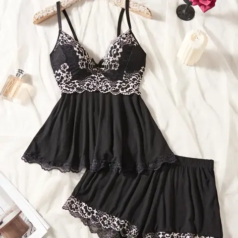 Women's Contrast Lace Bow Decor Cami Top & Shorts Pyjama Set, Sexy Lingerie Comfy Pajama Set for Women, Women's Sleepwear for Summer