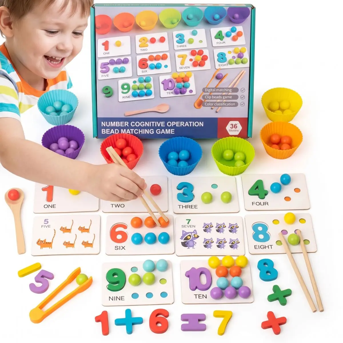 Montessori Wooden Counting Sorting Toy, Rainbow Bead Number Matching Game, Fine Motor Skills Educational Learning Toy for Toddlers 3-5 Years Old