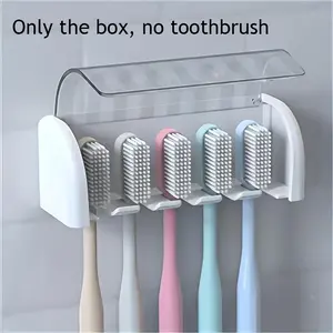 5-Slot Toothbrush Holder with Lid, 1 Count Self-Adhesive Wall-Mounted Toothbrush Storage Rack, Dustproof Toothbrush Holders for Dormitories and Showers, Bathroom Supplies
