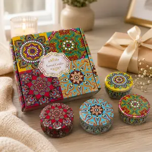 Boho Mandala Scented Candle Gift Set - 4-Pack Soy Wax Tin Candles with Dried Rose Petals, White Peach, White Tea, Coconut Milk, Cedar Forest Scents, Freshener, Gift-Ready Box for Women, Home Decor