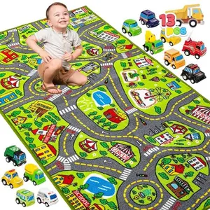 Kids Play Rugs - 12 Pull-Back Vehicle Set - Durable Carpet Playmat Rug - City Pretending Play - Toddler Car Track Rug