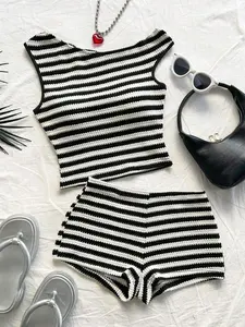 Striped Knit Asymmetrical Neckline Crop Top and Low Waist Tight Shorts Set, Perfect for Parties, Holidays, Beach, Cruise, Carnival, Easter, New Year