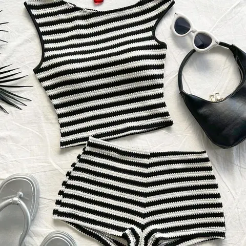 Striped Knit Asymmetrical Neckline Crop Top and Low Waist Tight Shorts Set for Women, Perfect for Parties, Holidays, Beach, Cruise, Carnival, Easter, New Year