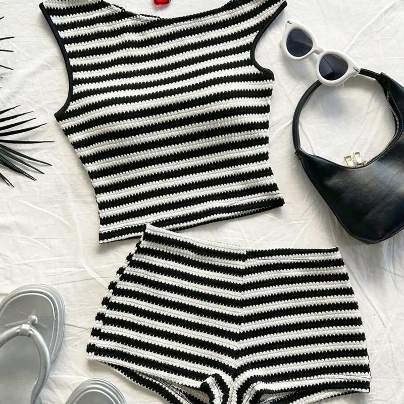 Striped Knit Asymmetrical Neckline Crop Top and Low Waist Tight Shorts Set for Women, Perfect for Parties, Holidays, Beach, Cruise, Carnival, Easter, New Year