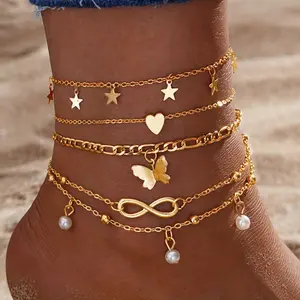 4pcs Elegant Stackable Thin Chain Anklet Set - Butterfly Infinity Symbol Shaped Beads, Adjustable, Nautical Fashion, Alloy Material, Daily Wear, Gift-Giving Occasion, Suitable for All Seasons