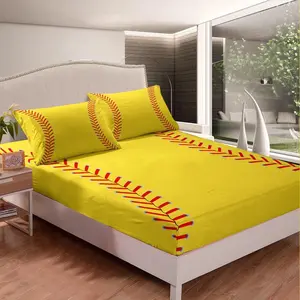 Softball Fitted Sheet,Deep Pocket Full Size Softball Lover Ball Sports Theme Bedding Set,Bright Red Yellow Room Decorative Bed Sheet Set