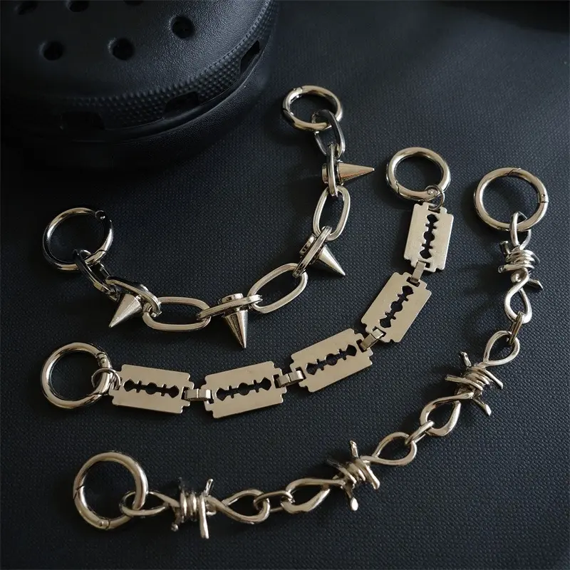 Gothic metal shoe chain charms, barbed wire & razor blade shoe decorations for clogs