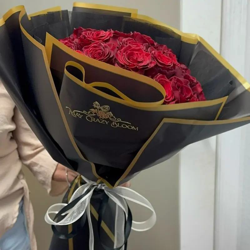 My Crazy Bloom 50 Red Roses Bouquet in Elegant Black Packaging with Gold Trim and Silver Ribbon