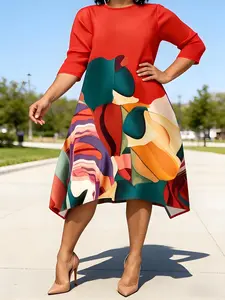Women's casual wear loose fit round neck mid-length sleeve dress, irregular hem printed Plant long skirt, plus size fashion clothing