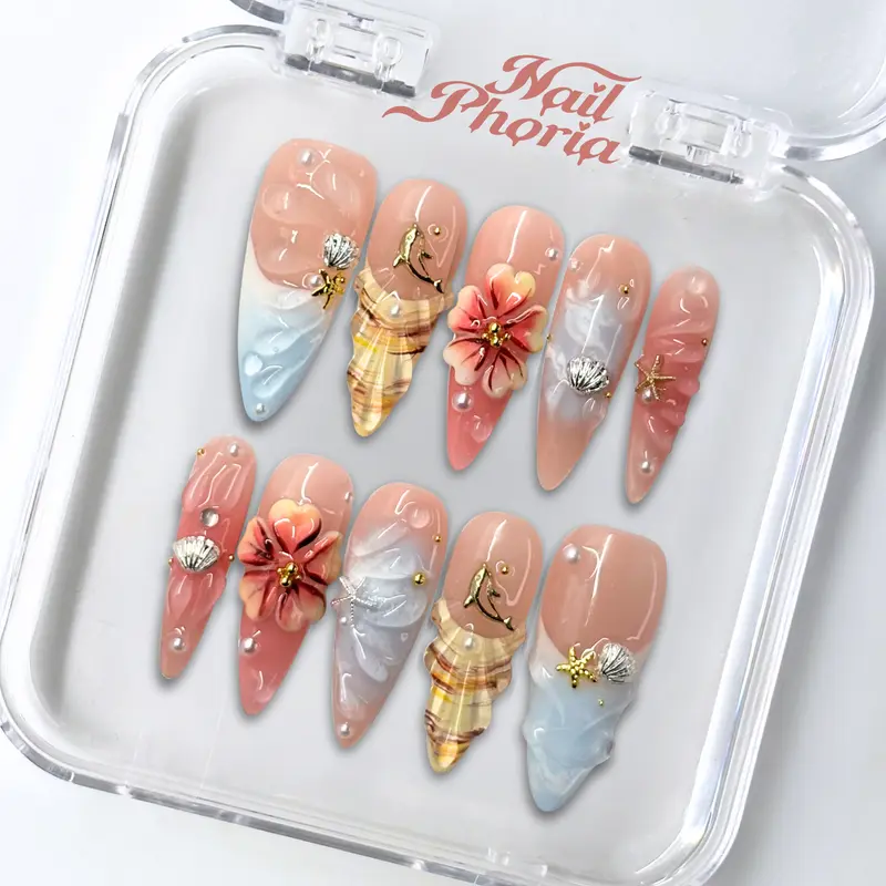 NailPhoria ISLAND LULLABY - Handmade Press-On Nails | Reusable, Salon-Quality, Long-Lasting, Glossy Design