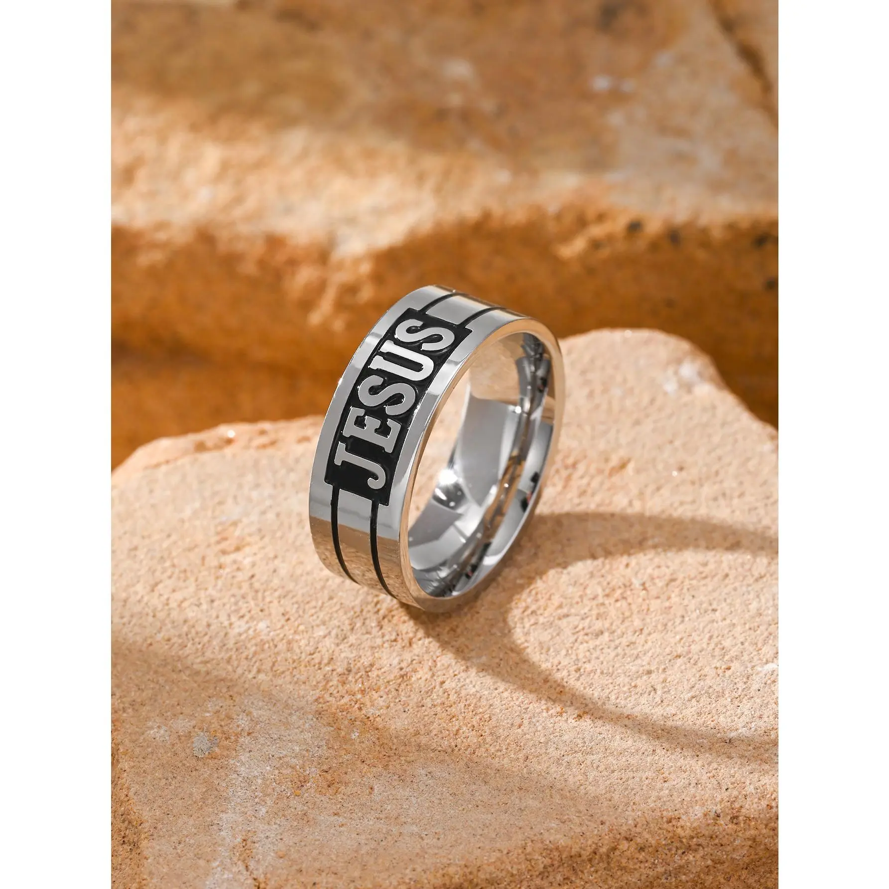 Women's Elegant Ring in Stainless Steel, Minimalist Band with Engraved Jesus Cross Design, Classic Daily Wear Jewelry