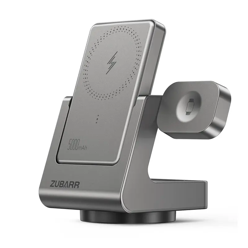 3-in-1 Wireless Charging Station with Removable 5000mAh Magnetic Power Bank for iPhone 12/13/14/15/16 Series, AirPods iWatch Series Wireless Charger